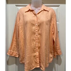 Chaps Women's 100% Linen 3/4 Sleeve Button Front Blouse Medium Coral Split Cuff